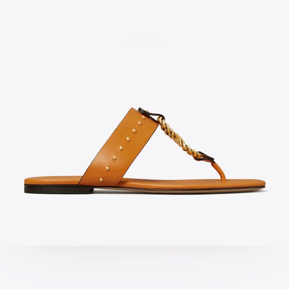 Tory Burch Perrine Leather Sandal Caramel Gold Hardware Sz 5.5 NWOB